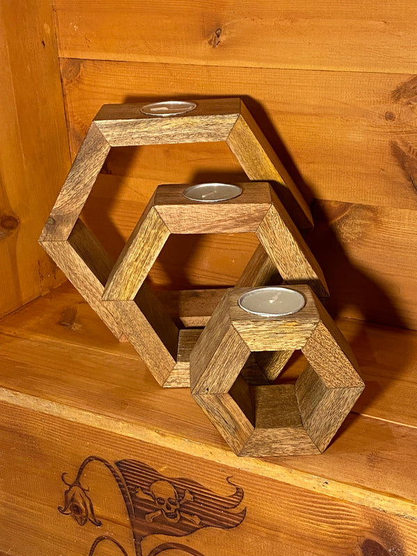 Set of 3 Wooden Hexagonal Candle Holders - Mango Wood