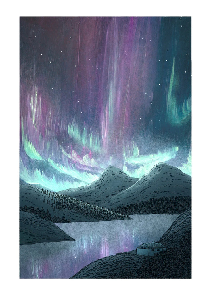 Aurora borealis over a mountainous landscape with a lake.
