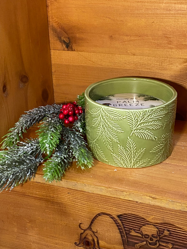 Palm embossed Ceramic Triple wick Candle Green or Pink