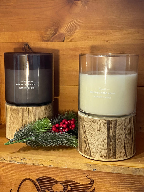 Maldives Wood House Glass Candle on Wooden Stand