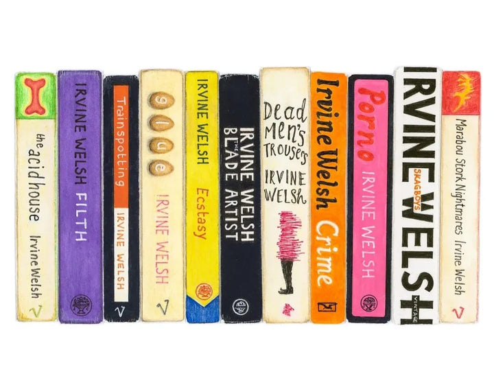 Row of books by Irvine Welsh on a white background