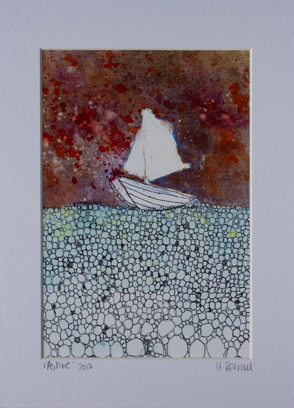Ashore - Giclee Art Print by Hayley Restall collage print showing a ship ashore on a beach 