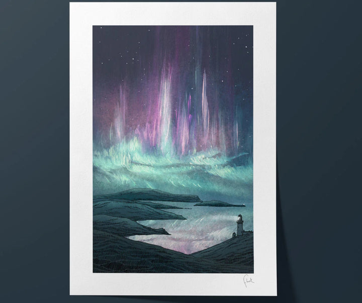 artwork of a lighthouse standing on a rocky outcrop with a vibrant aurora borealis sky.