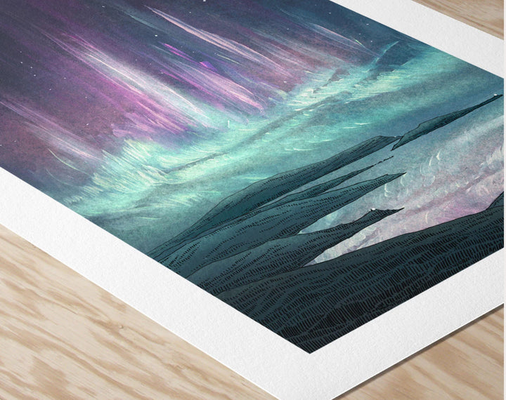 artwork of a mountain landscape with colorful sky