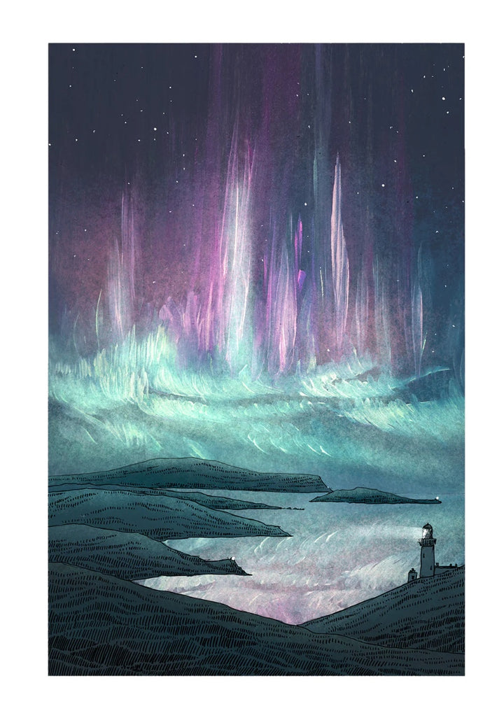 Astronomical illustration of a lighthouse under a vibrant aurora borealis sky.