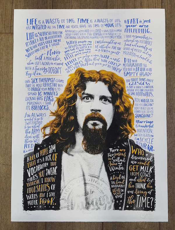 a handmade screenprint of billy connolly by barry bulsara surrounded by the big yin famous quotations 