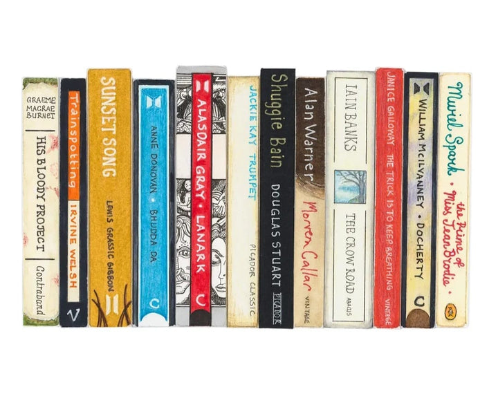 Row of books with visible titles on a white background