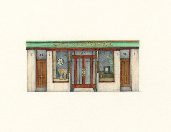 A coloured art print of the Cafe Continental Gourock from an original drawing by Blossom Art