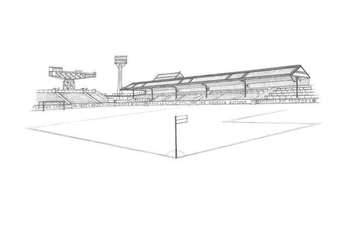 A print of a pencil drawn sketch of Cappielow Football ground