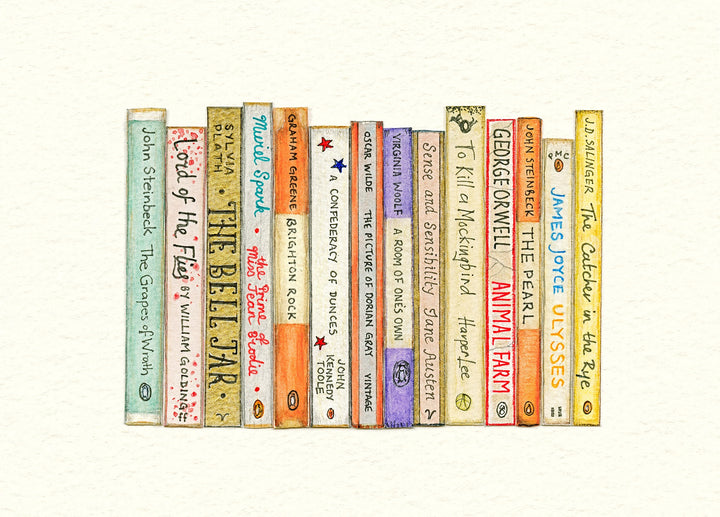 A colourful art print of the illustrated spines of a series of classic books, from an original artwork by Blossom Art