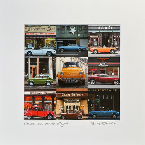 a collection of 9 classic cars parked at classic locations around glasgow