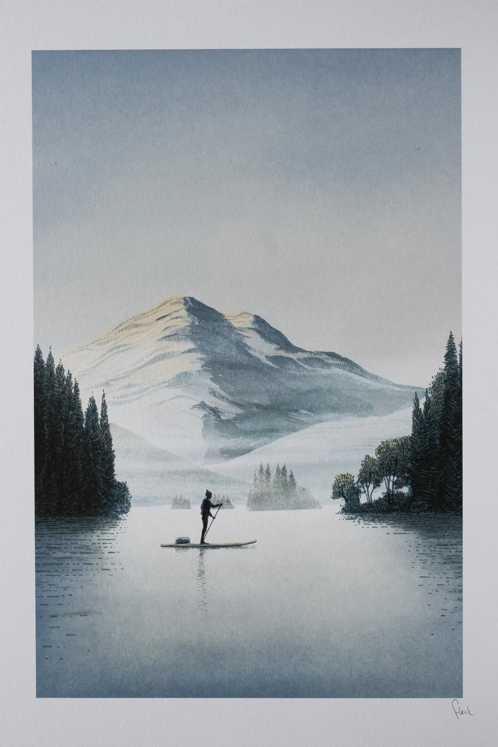 a serene image of a lone paddleboarder in a secluded spot with Scottish Hills and pine trees framing the scene