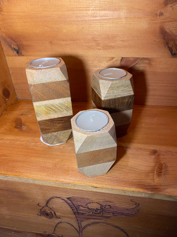 Set of 3 Striped Mango and Acacia Wood Tealight Holders