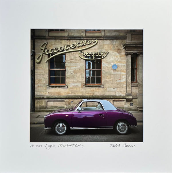 purple figaro parked outside the jacobean in merchant city glasgow