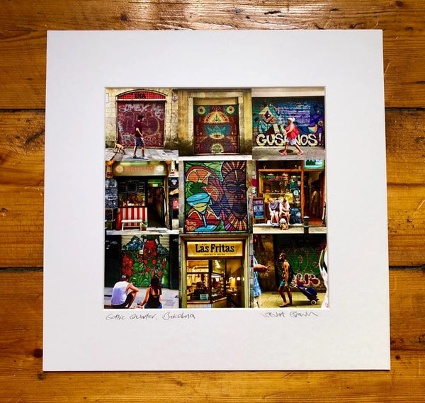 Collage of a street scene with colorful signs and people on a wooden in Barcsurface