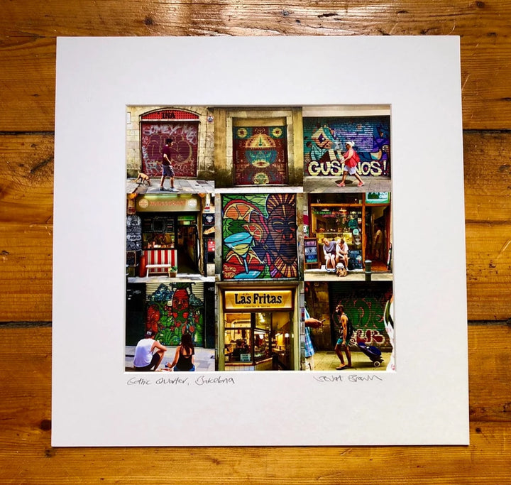 Collage of a street scene with colorful signs and people on a wooden in Barcsurface