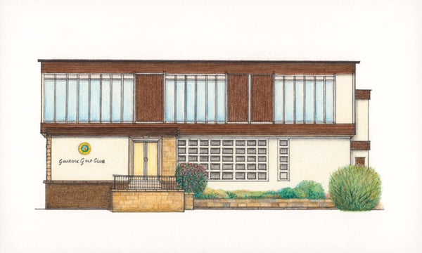 a coloured print of a pencil drawing of Gourock Golf  Clubhouse by Blossom art