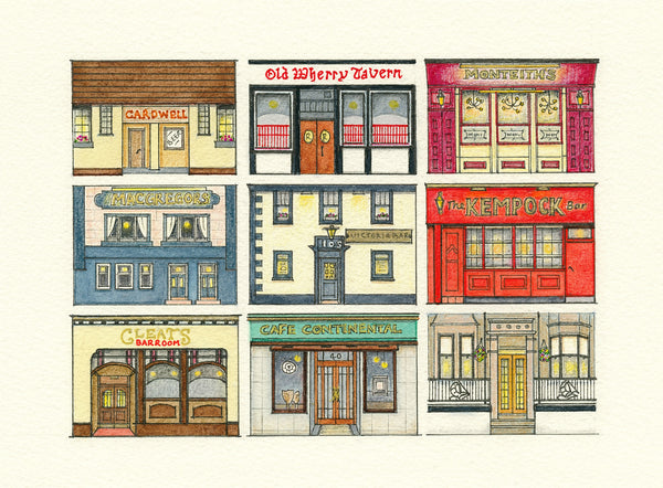 A print of a pencil drawing depicting all f the pubs in Gourock, created by Blossom Art