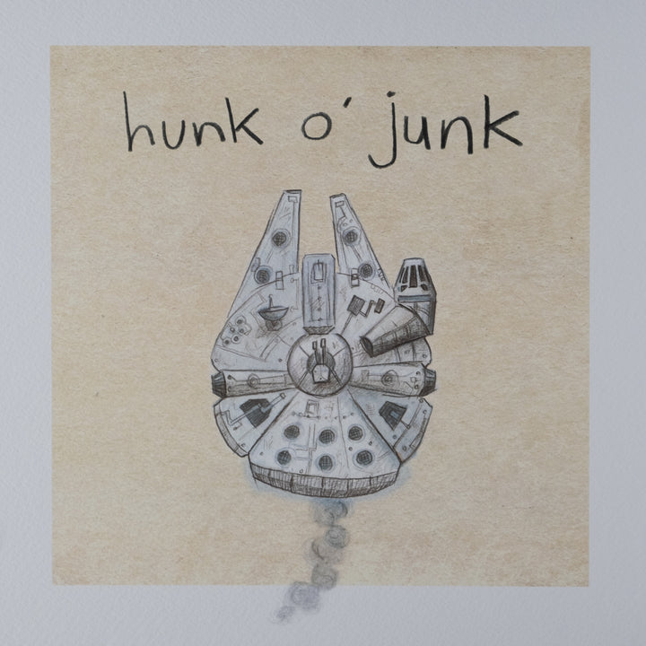 colourful illustration of the millenium falcon with the text hunk of junk 