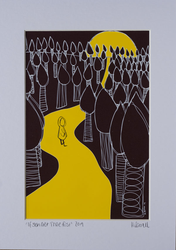 If You Get There First -Giclee Art Print by Hayley Restall showing a silhouette of  a figure making their way through a wood. colours are black and yellow