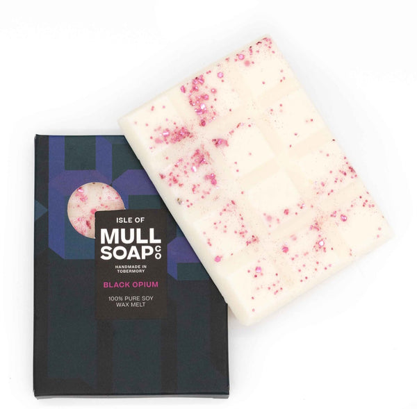 wax meltwith pink specks and packaging labeled 'Isle of Mull Soap Co' on a white background