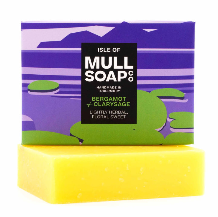 Yellow soap bar with purple packaging featuring 'Isle of Mull Soap Co' branding.