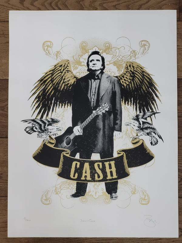 Illustration of a Johnny Cash holding a guitar with wings and 'CASH' banner on a white background
