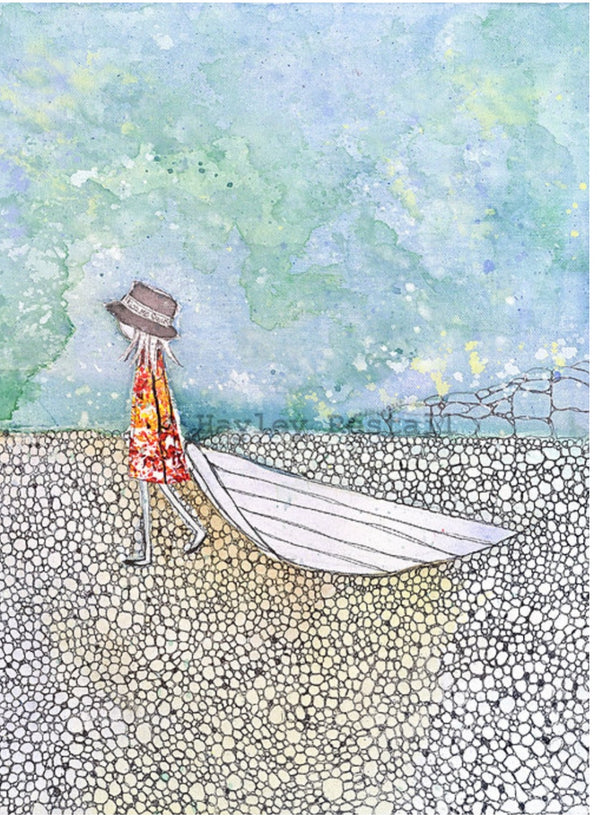 Illustration of a person with a hat and colorful coat standing next to a boat on a textured surface.