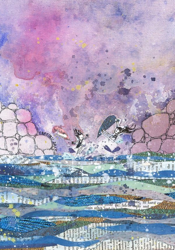 Collage art seascape with abstract elements and text overlay