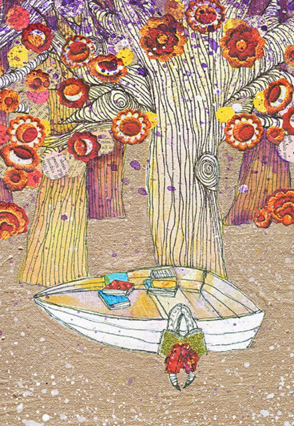Colorful illustration of a gfirl reading resting agaiinst a boat under a tree with flowers on a textured background