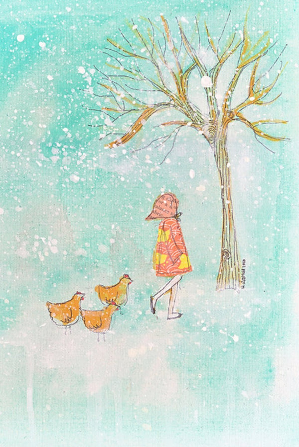 Illustration of a person in a coat walking with 3 hens under a tree in a snowy scene.