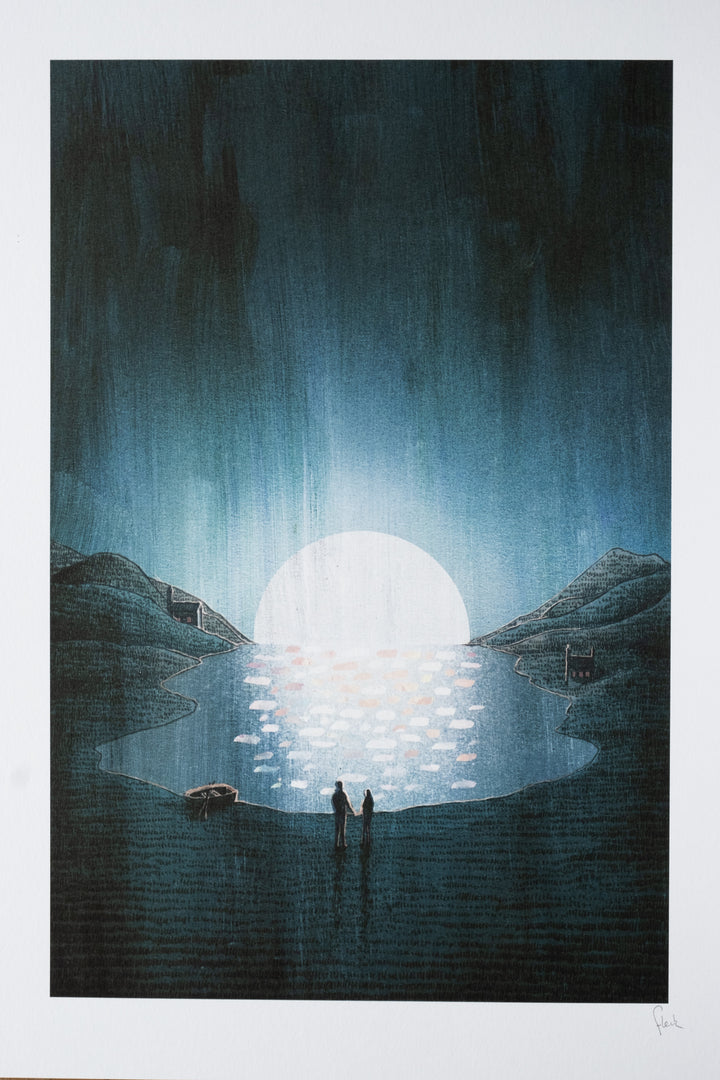 an image with the moon as a focal point with deep blues, greens and teals in the sky a secluded loch where the oon is reflected and two silhouetted figures holding hands watching the moon