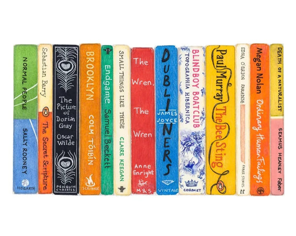 Row of book spines with various titles and authors on a white background