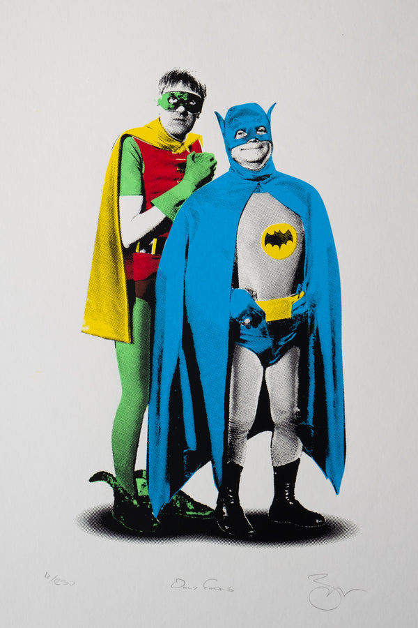 Rodney and Del Boy from Only fools and horses dressed as the dynamic duo batman and robin 