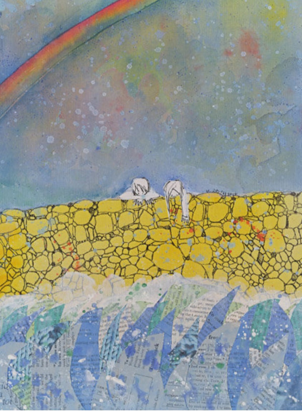 Artistic depiction of two children standing looking over a yellow wall at the sea with a rainbow in the sky.