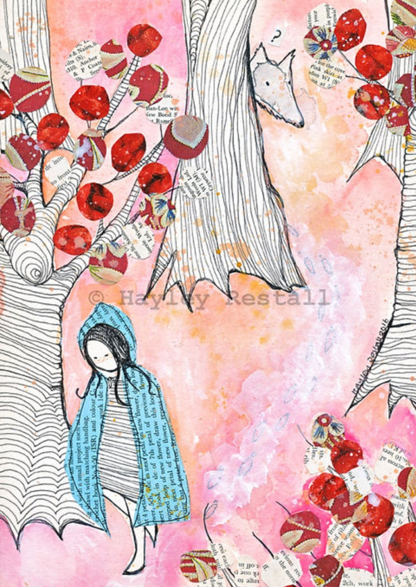 Illustration of a girl  and a tree with red apples on a pink background