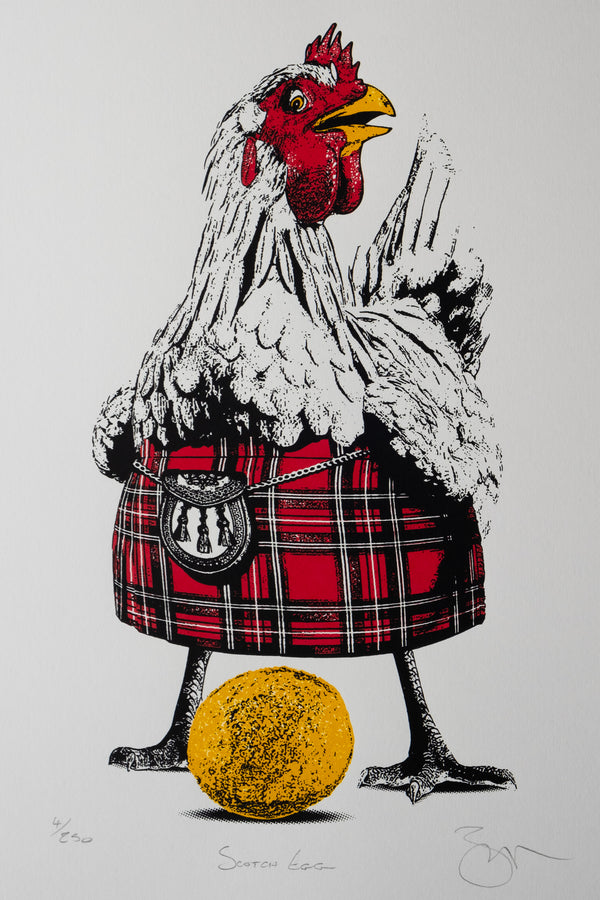 showing a hen wearing a kilt and laying a scotch egg, fun screen print 