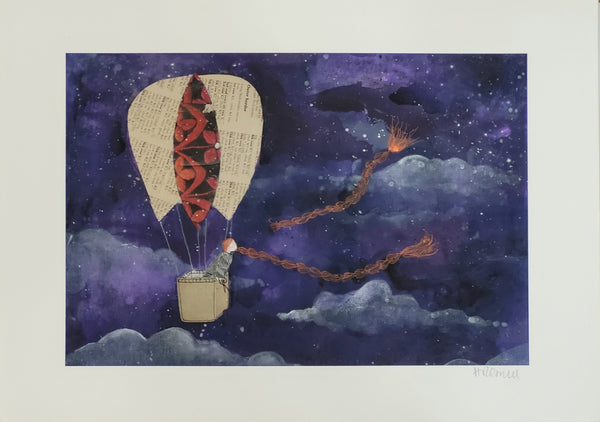 Illustration of a hot air balloon with a colorful design against a starry night sky.
