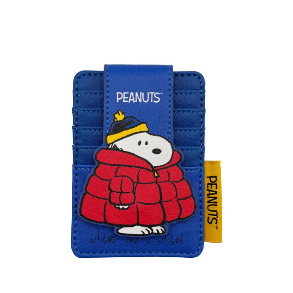 Blue wallet with a cartoon character in a red coat and yellow hat, featuring 'Peanuts' branding.