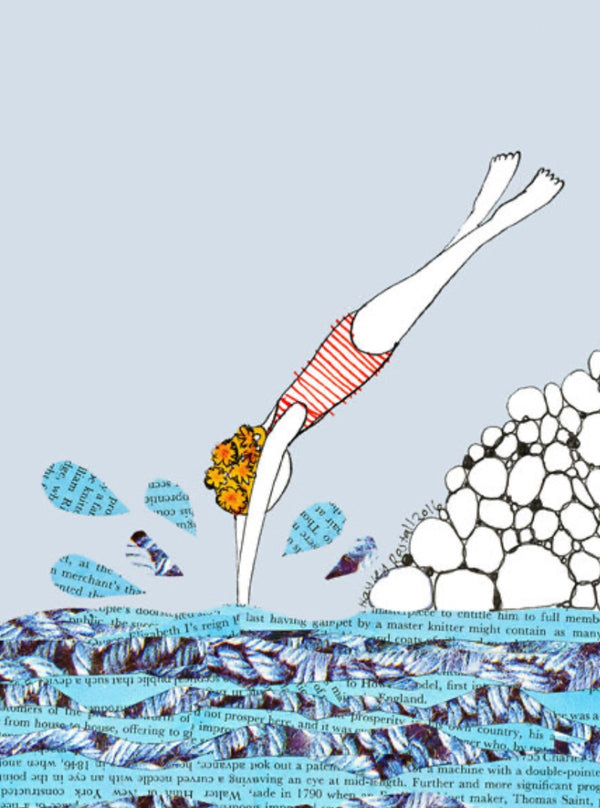 Illustration of a person diving into water with text and flowers on a light blue background