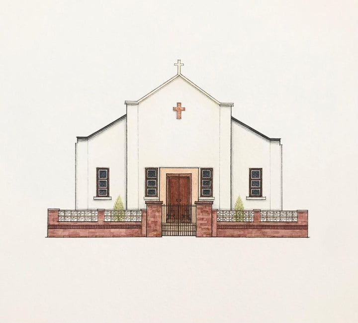 An coloured art print of the former St Mungos church in Greenock, from an original drawing by blossom art