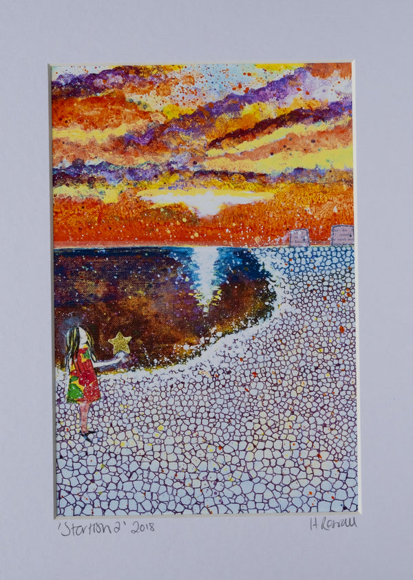 a girl holding a star on a beach with a sunset sky collage print 