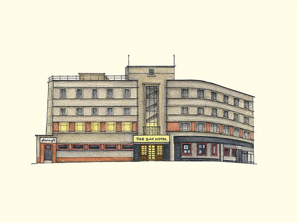 A coloured art print of the former Bay Hotel Gourock from an original art piece by Blossom Art