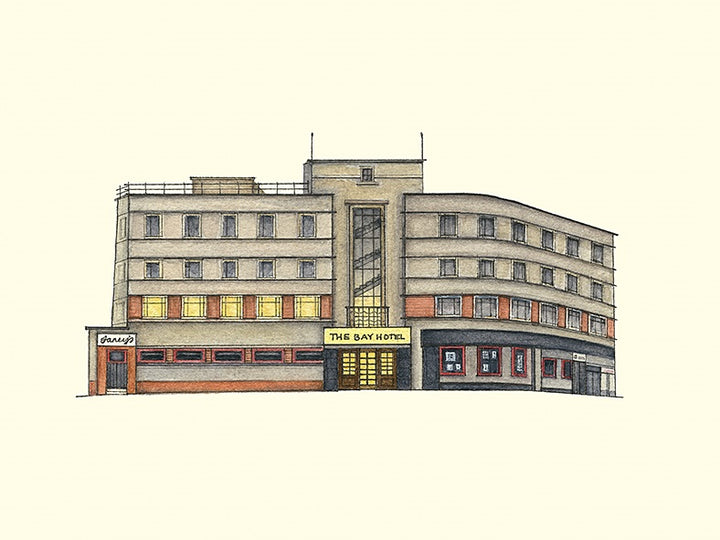 A coloured art print of the former Bay Hotel Gourock from an original art piece by Blossom Art