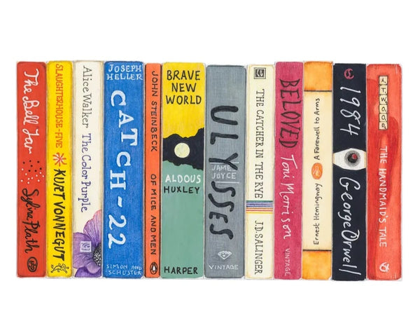 Row of book spines with various titles and authors on a white background