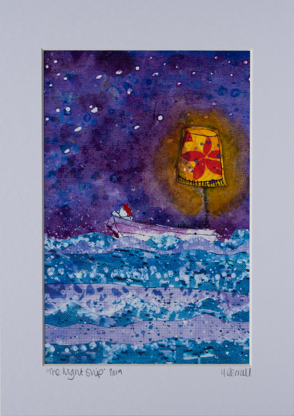 a collage print of a girl in a boat at night illumnated by a colourful standing lamp 