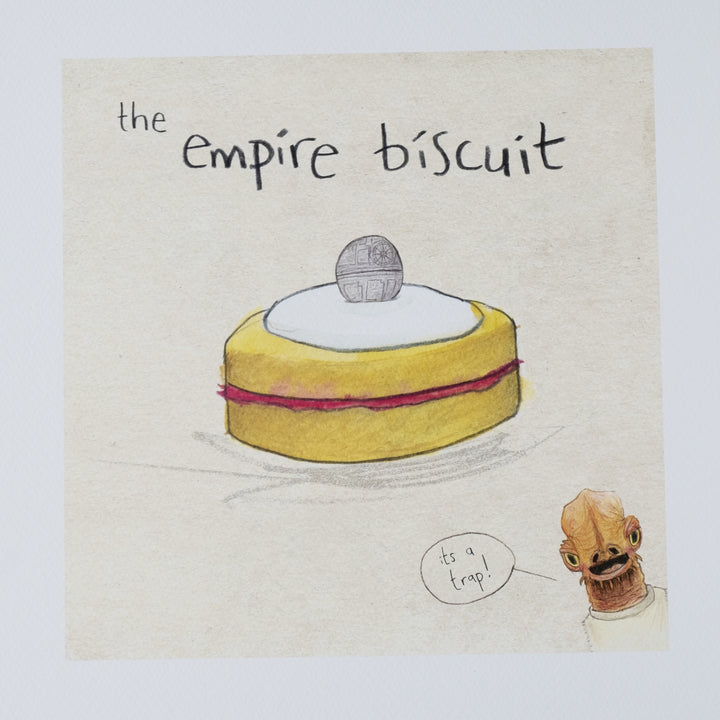 colourful illustration showing an empire biscuit and admiral ackbar with the famous quote its a trap 