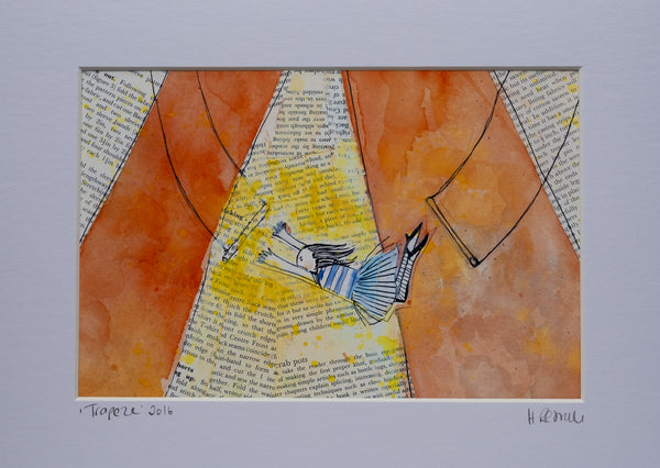 a collaage print of a girl swinging through the air using trapeze
