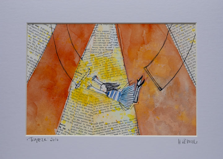 a collaage print of a girl swinging through the air using trapeze