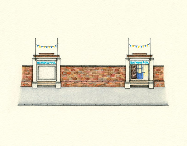 A coloured art print of Gourock Pool frontage from an original drawing by Blossom Art
